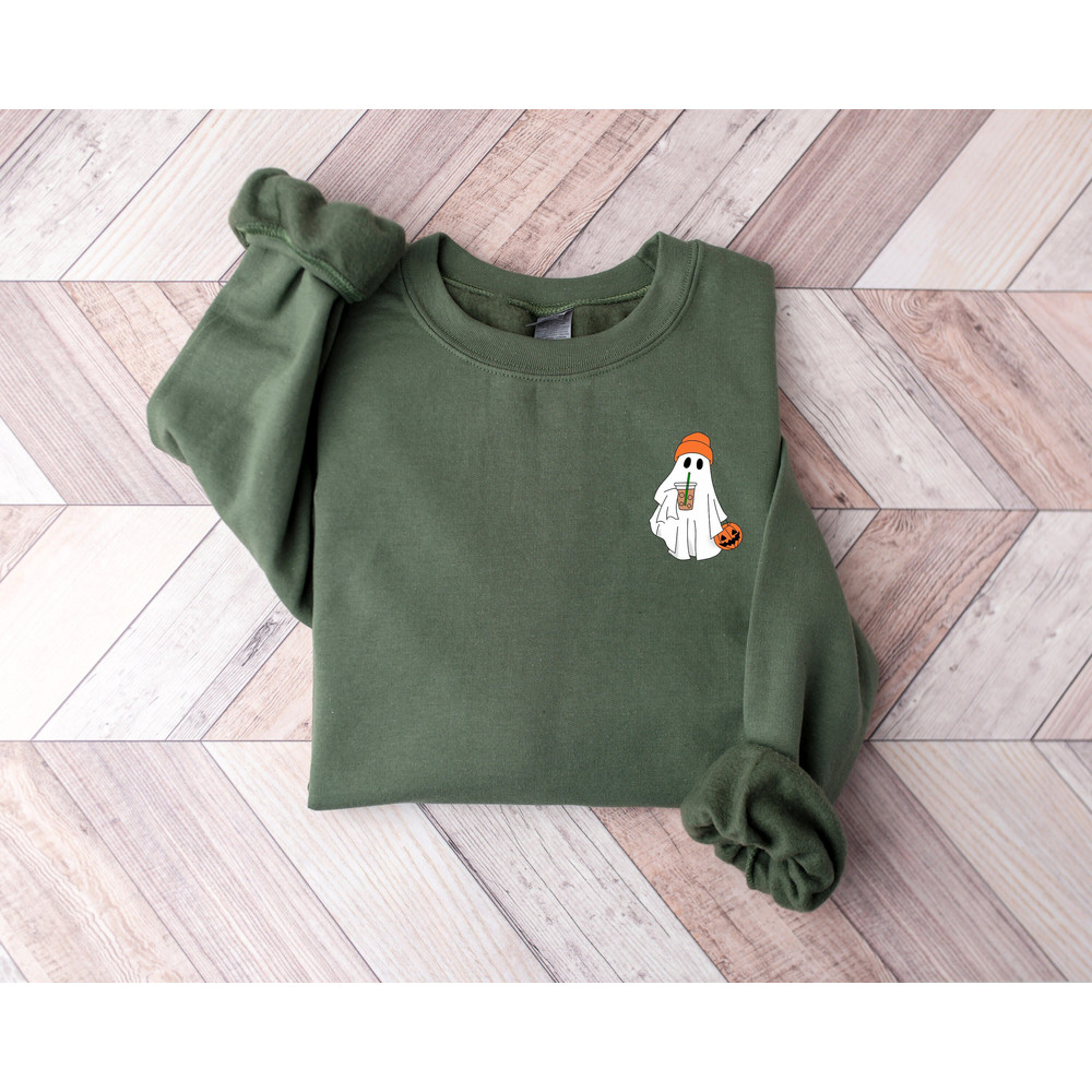 Little Ghost Ice Coffee Sweatshirt, Cute Ghost Pocket Size Sweatshirt, Halloween Sweatshirt, Pocket Size Ghost Sweatshirt, Halloween Gift.jpg
