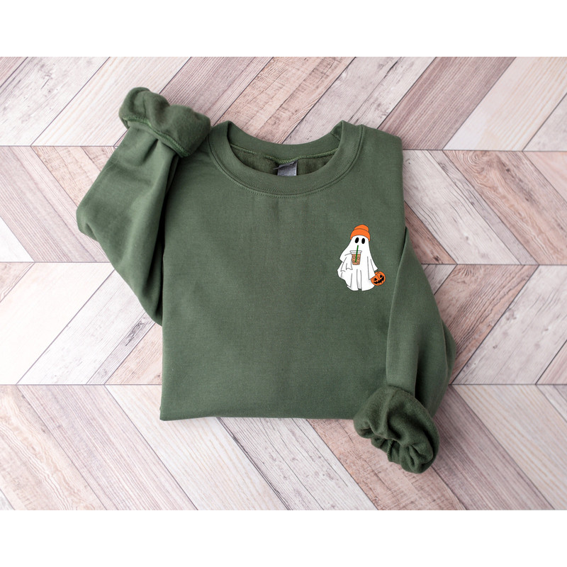 Little Ghost Ice Coffee Sweatshirt, Cute Ghost Pocket Size Sweatshirt, Halloween Sweatshirt, Pocket Size Ghost Sweatshirt, Halloween Gift.jpg