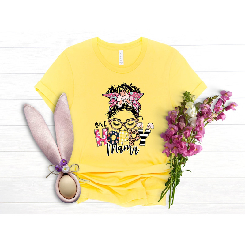 One Hoppy Mama Shirt, Easter Mama Shirt, Easter Shirt, Leopard Mama Easter Shirt, Messy Bun Hair Easter Mama Shirt, Happy Easter Shirt.jpg