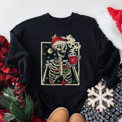 dead inside skeleton christmas sweatshirt, sarcastic christmas coffee sweatshirt, merry christmas hoodie, coffee lover c