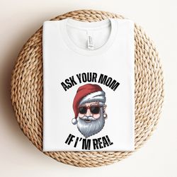 santa face christmas shirt, christmas shirt man, ask your mom if im real shirt, beard shirts, festive tees men, funny ch