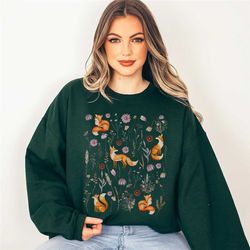 pressed flower fox sweatshirt, boho foxes floral crewneck, wildflower fox sweater, cottagecore granola girl gift, vintag