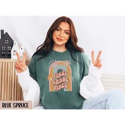 first grade vibes teacher team shirt, comfort colors 1st grade crew tee hello first grade squad groovy 1st grade teacher