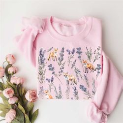 fox sweatshirt, lavender flower crewneck, boho foxes sweater, floral lilac cottagecore gift, vintage fox shirt, forestco