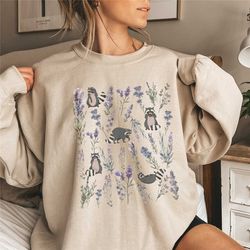 lavender raccoon sweatshirt, floral racoon sweater, flower trash panda crewneck, lilac raccoon lover birthday gift, cott