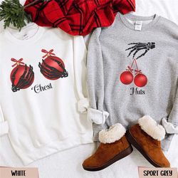 funny christmas couple sweatshirt, chest nuts christmas family shirt, skeleton holiday group matching crewneck, chestnut