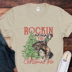 rocking around the christmas tree shirt,cool christmas shirts, retro christmas western shirt,cowboy christmas shirt,chri