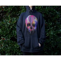 rhinestone hooded sweatshirt skull, colourful skull boho hoodie, womens fall hoodie, skull skeleton hoodie