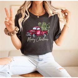 merry christmas t-shirt, red truck shirt, christmas trees truck shirt, christmas gift, christmas truck family shirts, cu