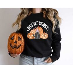 let's get spooky tee, black cat t-shirt, pumpkin halloween shirt, fall season tee, cat halloween gift, halloween party s