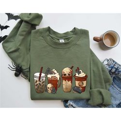goth girl skeleton coffee shirt, cute fall shirt, coffee lover tee shirt, halloween pumpkin latte drink cup, pumpkin spi