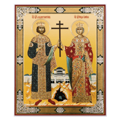 Saints Constantine and Helen | Lithography print on Wood | Silver and Gold foiled icon | Size: 5 1/4 x 4 1/2 inch