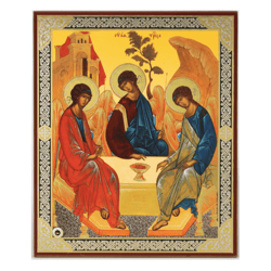 The Holy Trinity by Andrei Rublev - Authentic Copy | Gold and silver foiled icon on wood | Size: 8 3/4"x7 1/4" |