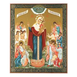 Joy of All Who Sorrow Mother of God | Large XLG Gold foiled icon on wood  | Size: 15 7/8"x13 1/8" | Made in Russia