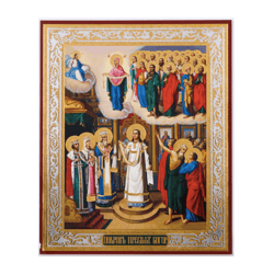 The Khotkovsky Intercession icon | Protecting Veil of the Virgin Mary | Silver and Gold foiled | Size: 8 3/4"x7 1/4"