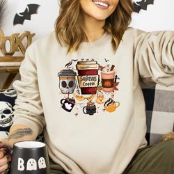 sandersons coffee sweatshirt, halloween doodles sweatshirt, halloween sweatshirt, halloween coffee lover woman sweatshir