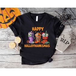 happy hallothanksmas coffee shirt,halloween-thanksgiving-christmas shirt,hallothanksmas gift shirt,fall pumpkin coffee t