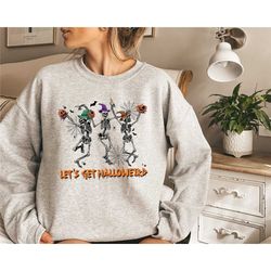 halloween dancing skeleton sweatshirt, pumpkin skeleton graphic tee, halloween gifts, fall halloween sweatshirt, hallowe