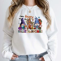 happy hallothanksmas gnomes halloween & merry christmas sweatshirt, halloween gnomes sweatshirt, funny gnome shirt, xmas