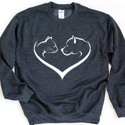cat and dog sweatshirt, heart dog and cat pullover, dog lover sweatshirt, cat lover crewneck sweat, cat and dog owner sw