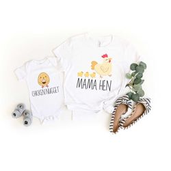 mommy and me match shirts, funny chicken matching mommy and me outfits, mama hen chicken nugget mama and mini baby showe