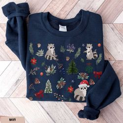christmas raccoon sweatshirt, evergreen racoon holiday sweater, floral trash panda crewneck xmas ringtail shirt raccoon
