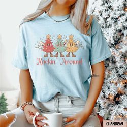 retro christmas tree shirt, comfort colors holiday crewneck, rockin around christmas tree picking top, boho christmas tr