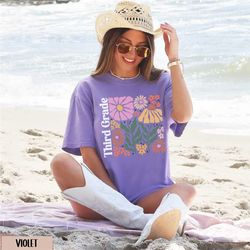 flower third grade teacher shirt, groovy comfort colors 3rd grade teacher team tshirt, boho hello third grade crew, 3rd