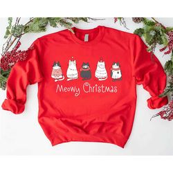 meowy christmas sweatshirt, christmas gift for cat lover, merry christmas cats sweatshirt, santa cat sweatshirt, christm