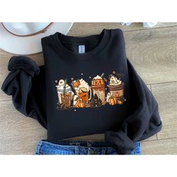 halloween sweatshirt, fall coffee sweatshirt, halloween coffee sweatshirt, halloween sweater, halloween neck sweater, pu