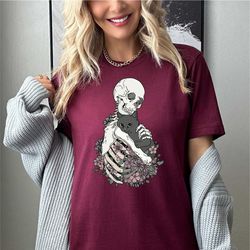 retro black cat and skeleton shirt, cat lover, skeleton shirt, funny skeleton shirt, frightening season, halloween shirt