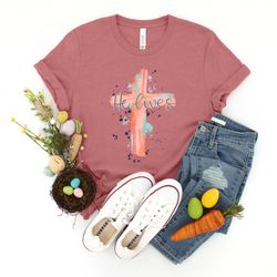 easter he lives shirt, he is risen shirt, happy easter shirt, easter religious shirt, easter leopard print cross shirt,e