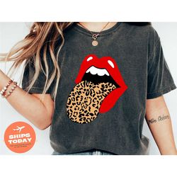 leopard red tongue shirt, cheetah print tongue out tshirts, rock n roll tongue shirt, leopard print tongue tee, red tong
