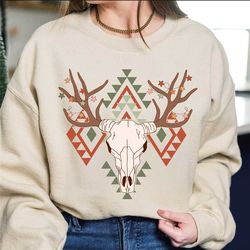 christmas cow shirt,cow skull sweatshirt, western bull skull sweatshirt, rodeo sweater, country sweatshirt, boho cow sku