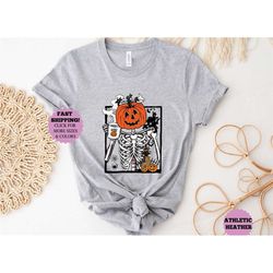 halloween pumpkin skeleton drinking coffee shirt, halloween pumpkin gift,coffee lover sweatshirt,funny halloween tee, sk