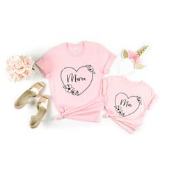 mama mini flower shirt, mom and daughter heart shirts, floral mama tee, mother's day gifts, love women's tee, mama mini