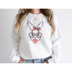 bunny with heart glasses shirt, glasses bunny shirt, easter sweatshirt, easter shirts for women, bubble gum bunny tee, e