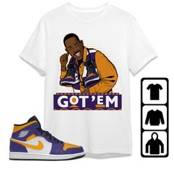 jordan 1 mid purple university gold unisex t-shirt, tee, sweatshirt, hoodie, 90s tv series got em, shirt to match sneake