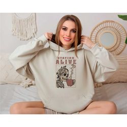 staying alive skeleton drinking coffee, funny skeleton drinking tea sweater, gift for coffee lover, tea lover, coffee lo