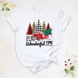 most wonderful time of the year shirt, christmas red truck shirt, plaid christmas tree shirt, xmas holiday t-shirt, fami