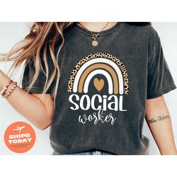 social worker t-shirt, rainbow social worker gift shirts, cute social work tee, rainbow heart, leopard social worker shi