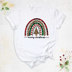 leopard merry christmas rainbow shirt, holiday xmas shirt, ladies christmas shirt, christmas tree shirt, christmas party