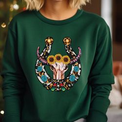 cowboy horseshoe sweatshirt, cowboy gift sweater, cowgirl hoodie, bull sweatshirt, sunflower sweater