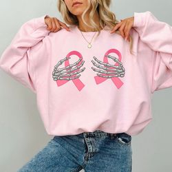 breast cancer awareness shirt, breast cancer support crewneck, cancer survivor sweatshirt, skeleton hands, support squad