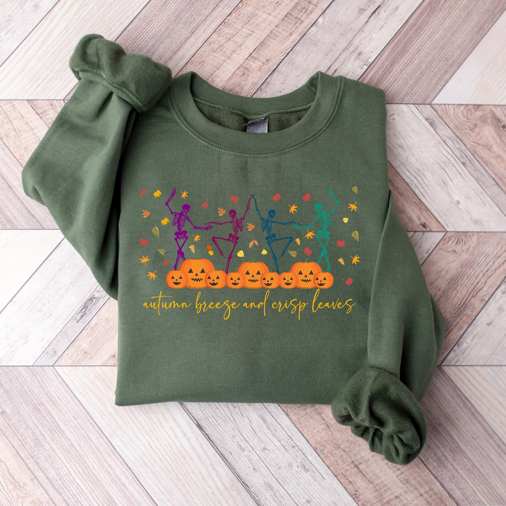 Autumn Breeze and Crisp Leaves Shirt, Fall Pumpkin Shirt, Dancing Skeleton Pumpkin Spice Shirt, Halloween Sweatshirt, Fall Autumn.jpg