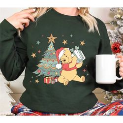 santa winnie the pooh christmas sweatshirt, merry christmas pooh shirt, disney pooh shirt, christmas tree sweatshirt, di