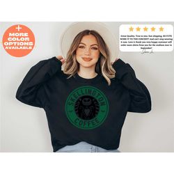 skellington coffee sweatshirt, nightmare before coffee sweatshirt, cute fall horror coffee sweatshirt, skeleton drinking