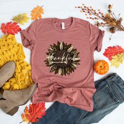 thankful sunflower leopard shirt,thanksgiving shirt,thanksgiving family shirts,thanksgiving shirts