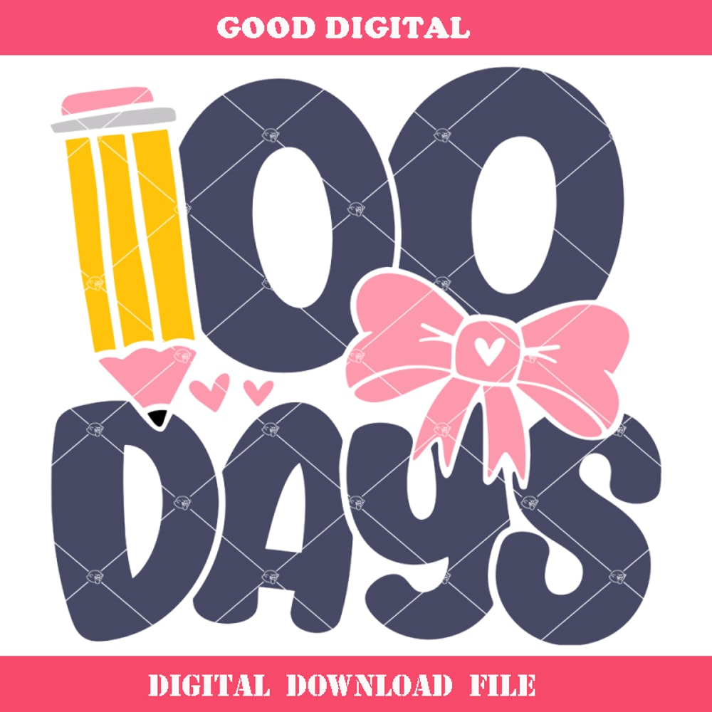 100 Days Of School Svg, Cute Pink Bow Girl 100 Days Svg.jpg