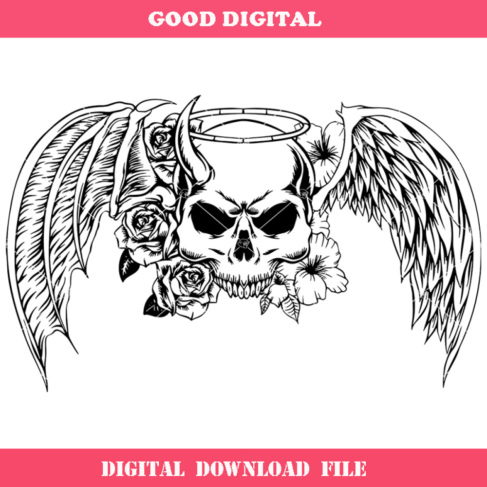 Angel Devil Skull Svg, Skull with Flowers Svg.jpg